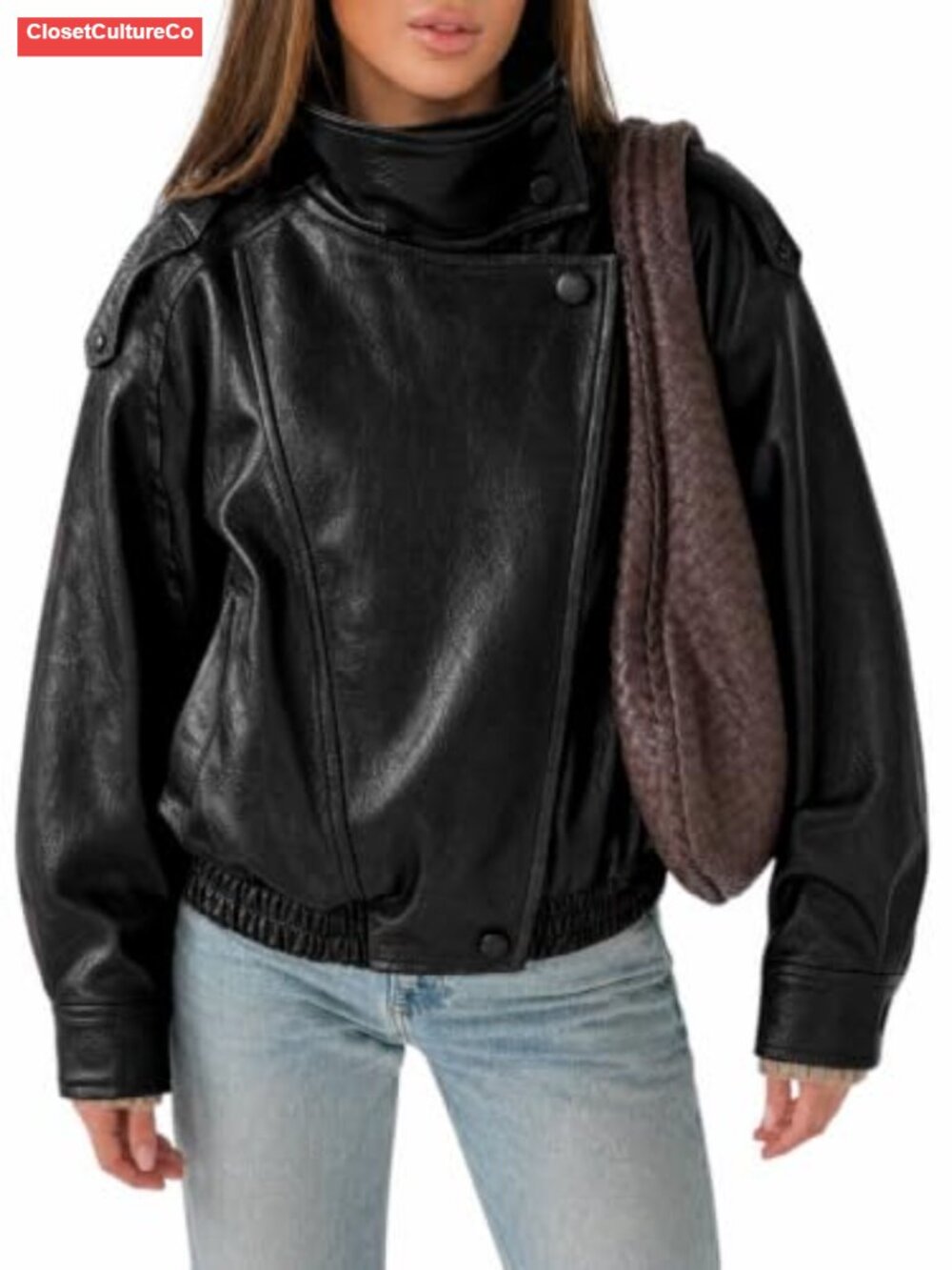 Faux Leather Oversized Zip Up Motor Biker Jacket Loose Bomber Coat